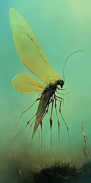 "Create an image of a detailed, other-worldly insect that appears to be a combination of a dragonfly and a praying mantis. The insect is shown in a side-on view, allowing for a clear display of its body structure, wings, and legs. Use a gradient of greenish-blue hues for the background to provide a serene yet slightly eerie atmosphere. The insect should have a metallic, greenish tone with translucent wings that reflect subtle shades of green and yellow, blending well with the background. Ensure the lighting is soft and diffuse to create a realistic sense of depth without overpowering the details of the insect. Include moderate contrast between the light areas on the wings and body and the darker tones to enhance three-dimensionality. Depict intricate vein patterns on the wings to give them a delicate and fragile appearance. The body should be sleek with visible segmentations, and the legs should be long, slender, and slightly menacing, adding to the insect's other-worldly and alien feel. Keep the background minimalistic and blurred to ensure the focus remains on the insect, suggesting an underwater or ethereal environment with delicate, plant-like structures at the bottom. The style should lean towards hyper-realism, with meticulous attention to detail in the insect's anatomy and textures, while incorporating a surreal quality. The overall mood should evoke a sense of wonder and curiosity, with a hint of eeriness due to the unusual and alien features of the insect. The serene yet mysterious background should enhance the feeling of exploring an unknown or fantastical realm."