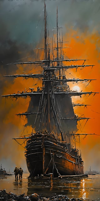 "The overall effect is a blend of impressionism and abstraction, creating a rich, immersive setting that complements the hyperrealistic, selective focus on the wooden English ship-of-the-line battle ship in the foreground. The scene should feature a hyperrealistic, selective focus on the wooden English ship-of-the-line battle ship. In contrast, the background should transition into an abstract, painterly environment. The atmosphere should be hazy and diffuse, contributing to an ethereal and somewhat dystopian feel. Indistinct forms and shapes in the background should suggest a spectacular sunset, rendered in a loose, impressionistic style to emphasize mood and atmosphere over detailed realism. Use a muted color palette with cooler tones such as grays, blues, and greens to create depth and atmosphere. Use muted shades of earthy tones to depict worn, weathered and aged appearances. Use muted accents like rusty orange-yellows, and rusty teals to highlight tiny areas and add visual interest. Use this blend of subdued and bold colors to emphasize the gritty nature of the scene."