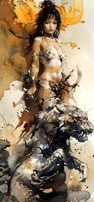 japanese super model, wearing haute coutere, Luis Royo, Boris Vallejo, Frank Frazetta, fr4z3tt4 ,watercolor,ink