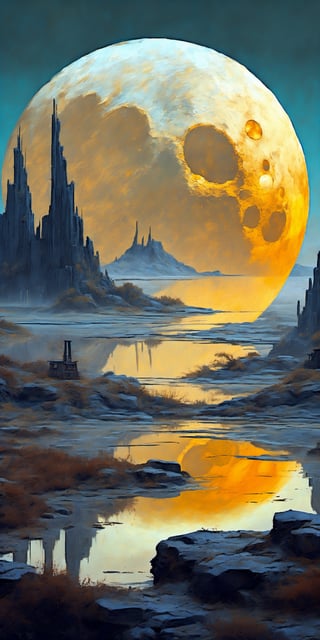 "A surreal, futuristic landscape at dusk with a massive, luminous golden moon dominating the sky, casting a warm glow over everything. The moon should be sharp, detailed, and prominent in the foreground. The background should transition into an abstract, painterly environment featuring indistinct forms and shapes suggesting a Tibetan monastery, rendered in a loose, impressionistic style to emphasize mood and atmosphere over detailed realism. The atmosphere should be hazy and diffuse, creating an ethereal and somewhat dystopian feel. Use a muted color palette with cooler tones such as grays, blues, and greens to create depth and atmosphere, while incorporating more pronounced earthy tones to depict worn, weathered, and aged appearances. Add evident accents of rusty orange-yellows and rusty teals to highlight tiny areas and add visual interest. Ensure the painting blends impressionism and abstraction seamlessly, creating a rich, immersive setting. Utilize Unreal Engine, Octane Render, Hyper Realistic, Cinematic, Epic, and Matte Painting to achieve a high-quality, detailed, and visually striking result."
