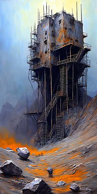 "The overall effect is a blend of impressionism and abstraction, creating a rich, immersive setting that complements the hyperrealistic, selective focus on the silver mine in the foreground. The scene should feature a hyperrealistic, selective focus on the silver mine. In contrast, the background should transition into an abstract, painterly environment. The atmosphere should be hazy and diffuse, contributing to an ethereal and somewhat dystopian feel. Indistinct forms and shapes in the background should suggest a craggy mountain range, rendered in a loose, impressionistic style to emphasize mood and atmosphere over detailed realism. Use a muted color palette with cooler tones such as grays, blues, and greens to create depth and atmosphere. Use muted shades of earthy tones to depict worn, weathered and aged appearances. Use muted accents like rusty orange-yellows, and rusty teals to highlight tiny areas and add visual interest. Use this blend of subdued and bold colors to emphasize the gritty nature of the scene."