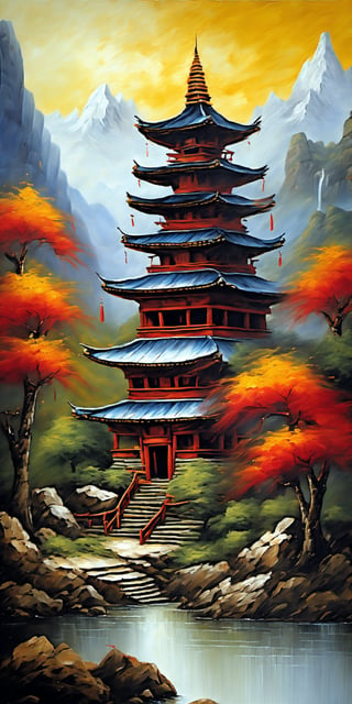 "Create an imaginative and photorealistic oil painting characterized by ultra-detailed line work using the palette knife technique with impasto. The scene should feature a traditional pagoda-style temple prominently in the foreground, set against a dramatic mountainous landscape with striking peaks and lush greenery. Blend Surrealism and Mystical Realism to create a rich, immersive setting. The temple, weathered by time and the elements, should symbolize spiritual resilience and tranquility, with intricate architectural details, vibrant red and gold colors, snow-covered roofs, and rugged textures highlighted with exaggerated clarity. The painting should have an over-sharpened focus on the temple and the foreground elements, showcasing the detailed textures of the rocks, foliage, and vibrant fields with warm orange and yellow hues. The lighting should be bright and clear, casting soft, glowing highlights that create a serene and ethereal effect over the scene. The background should feature rugged mountains, steep slopes, and lush trees with detailed textures, enhancing the dramatic effect. The sky should display dynamic colors with a blend of warm and cool tones, adding to the mystical atmosphere. The overall painting should evoke a sense of awe and serenity, capturing the raw beauty and spiritual quality of the temple amidst a dramatic and colorful landscape, with every detail intentionally over-sharpened to enhance the sense of depth and realism."