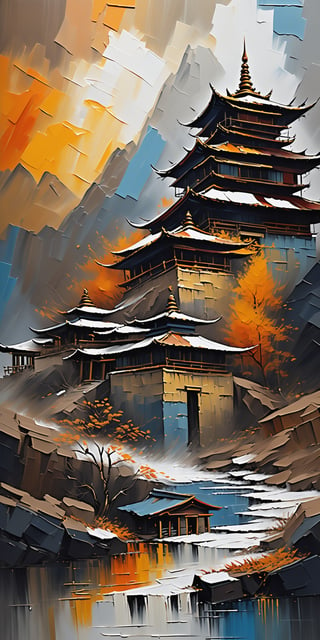"Create an imaginative and photorealistic oil painting characterized by ultra-detailed line work using the palette knife technique with impasto. Create a photorealistic painting of a traditional pagoda-style temple in a dramatic mountainous landscape. The overall effect is a blend of Surrealism and Mystical Realism, creating a rich, immersive setting that complements the extremely sharp focus on the temple in the foreground. BREAK This temple, weathered by time and the elements, stands as a testament to spiritual resilience and tranquility. BREAK The scene should feature an over-sharpened focus on the temple, highlighting the intricate architectural details, the snow-covered roofs, and the rugged textures with exaggerated clarity and detail using the palette knife technique and impasto. BREAK The lighting should come from a diffused, warm light source on the left, casting soft, glowing highlights that create a serene and ethereal effect over the scene, all rendered with palette knife strokes and impasto texture. BREAK In stark contrast, the background should also be in extreme sharp focus, featuring rugged mountains, steep slopes, and snow-covered ground with detailed textures, all created with the palette knife technique and impasto, creating a juxtaposition of the serene temple against the dramatic natural environment. BREAK The atmosphere should be mystical and tranquil, with all elements rendered in precise, hyper-detailed realism using the palette knife technique and impasto. BREAK The colors in the background should include shades of warm oranges and yellows with dramatic contrasts, featuring cool blues and grays, blending seamlessly with the warm highlights and deep shadows, all applied with the palette knife and impasto. Use this blend of warm and cool colors to emphasize the dramatic and mystical nature of the scene. BREAK The overall scene should evoke a sense of awe and serenity, capturing the raw beauty and spiritual quality of the temple amidst a dramatic mountainous landscape, with every detail intentionally over-sharpened to enhance the sense of depth and realism, all achieved using the palette knife technique and impasto."