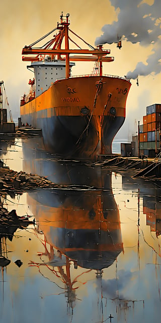 "Create a hyperrealistic painting of a cargo ship in a tranquil harbor setting. The overall effect is a blend of Realism and Surrealism, creating a rich, immersive setting that complements the extremely sharp focus on the cargo ship in the foreground. BREAK This cargo ship, weathered by years of maritime travel and the harsh sea elements, stands as a testament to human perseverance and the power of industry. BREAK The scene should feature an over-sharpened focus on the cargo ship, highlighting the intricate details of its hull, the vibrant orange cranes, and the complex network of cables and machinery with exaggerated clarity and detail. BREAK The lighting should come from the midday sun, casting a bright, clear light that creates vivid contrasts and sharp reflections over the scene. BREAK In stark contrast, the background should also be in extreme sharp focus, featuring the calm waters of the harbor, distant industrial buildings, and a clear sky with detailed textures, creating a juxtaposition of the singular cargo ship against the serene, industrious environment. BREAK The atmosphere should be vibrant and industrious, with all elements rendered in precise, hyper-detailed realism. BREAK The colors in the background should include shades of deep blues, industrial grays, and rusty reds with dramatic contrasts, featuring bright highlights and subtle reflections, blending seamlessly with muted tones. Use this blend of bold and muted colors to emphasize the industrious and resilient nature of the scene. BREAK The overall scene should evoke a sense of determination and progress, capturing the rugged beauty and immense scale of the cargo ship amidst a busy harbor landscape, with every detail intentionally over-sharpened to enhance the sense of depth and realism."