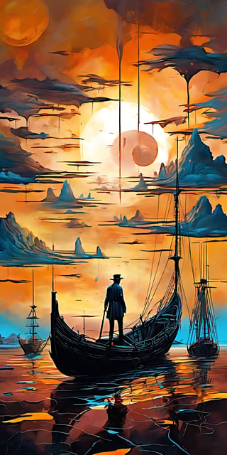 "The style is surreal and dystopian, highly detailed and textured. The sky is painted with rich, deep colors, creating a haunting and otherworldly atmosphere. The skyscape is rendered with a sense of realism and meticulous detail. The lighting is dramatic, with strong contrasts between light and shadow, emphasizing the surreal and mysterious mood. The overall composition blends macabre and desolate themes with inventive and imaginative elements. A beautiful sunset skyscape featuring a vibrant and colorful sky. Color palette includes a combination of muted, earthy tones and vibrant, contrasting colors. Use shades of rusty reds, ochres, and browns. Balance with cooler tones such as grays, blues, and greens to create depth and atmosphere. Incorporate bright, vivid accents like oranges, yellows, and teals to highlight tiny areas and add visual interest. Blend the subdued and bold colors to emphasize the gritty nature of the scene, but infuse them with a sense of energy and dynamism. The sun is setting on the horizon, casting a warm glow over the scene. Wispy clouds are scattered across the sky, adding depth and texture. The ground is a simple silhouette, allowing the sky to be the main focus. The overall mood is serene and breathtaking."