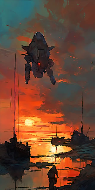 "A beautiful sunset skyscape featuring a vibrant and colorful sky. A large, surveillance mech with weapons hovers in the sky. The ground is scattered with debris. In the foreground, a shadowy figure is walking towards the water, creating a sense of depth and danger. The scene includes a mix of old and new technology with boats and ships in the background. Color palette includes a combination of muted, earthy tones and vibrant, contrasting colors. Use shades of rusty reds, ochres, and browns. Balance with cooler tones such as grays, blues, and greens to create depth and atmosphere. Incorporate bright, vivid accents like oranges, yellows, and teals to highlight tiny areas and add visual interest. Blend the subdued and bold colors to emphasize the gritty, military nature of the scene, but infuse them with a sense of energy and dynamism.The sun is setting on the horizon, casting a warm glow over the scene. Wispy clouds are scattered across the sky, adding depth and texture. The ground is a simple silhouette, allowing the sky to be the main focus."