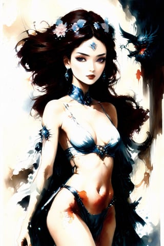 japanese super model, wearing haute coutere, Luis Royo, Boris Vallejo, Frank Frazetta, fr4z3tt4 ,watercolor