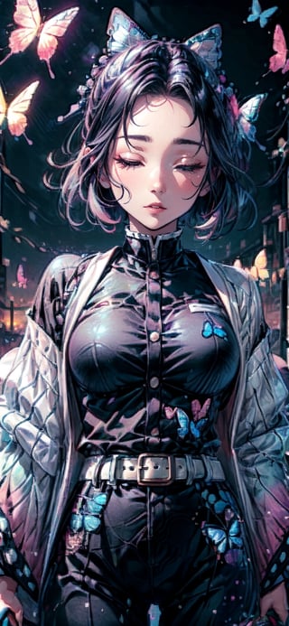 1girl, solo, breasts, smile, short hair, black hair, hair ornament, long sleeves, holding, closed mouth, closed eyes, weapon, purple hair, multicolored hair, cowboy shot, japanese clothes, belt, pants, sword, wide sleeves, holding weapon, uniform, lips, gradient hair, holding sword, black pants, katana, bug, letterboxed, butterfly, sheath, butterfly hair ornament, haori, white belt, blue butterfly, demon slayer uniform, butterfly print, kochou shinobu