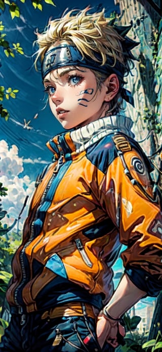 solo, looking at viewer, short hair, blue eyes, blonde hair, 1boy, jacket, male focus, outdoors, parted lips, tree, headband, facial mark, plant, nature, zipper, whisker markings, forehead protector, orange jacket, konohagakure symbol, uzumaki naruto