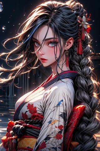 epic realistic, (close up), 1girl, floating blue_hair, long hair, (water:0.7), waterdrop, wet, holding_katana, blue_kimono with pattern, ultra detailed, (textured_clothing), black_background