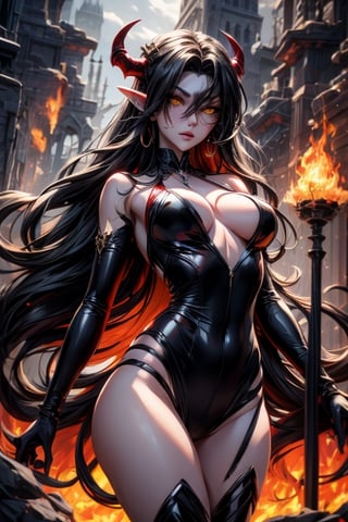 demon queen, demon horns, (red skin:1.2), yellow eyes, black hair, bodysuit, fire, hell, solo