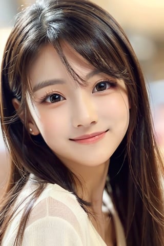 (Very beautiful cute girl:1.2), 
(very cute face:1.4),
(large eyes:1.2),
(clear-eyed:1.2),
small straight nose,
small mouth,
round face,
(v-line jaw:1),
Beautiful detailed eyes, 
Detailed double eyelids, 
(smiling:1.4)
