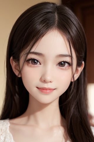 (Very beautiful loli young girl:1.2),
(loli face:1.3),
(large eyes:1.2), (clear-eyed), small straight nose, small mouth, (v-line jaw:1.1), Beautiful detailed eyes, Detailed double eyelids, Long straight brown hair, see-through bangs, beautiful detailed face, drooping eyes, (Fair skin: 1.3),(13 yo:1.2),(smiling)