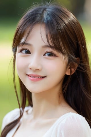 (Very beautiful cute young girl:1.2), 
(bery cute face:1.4),
(large eyes:1.2),
(clear-eyed:1.2),
small straight nose,
small mouth,
round face,
(v-line jaw:1),
Beautiful detailed eyes, 
Detailed double eyelids, 
(smiling:1.3)
