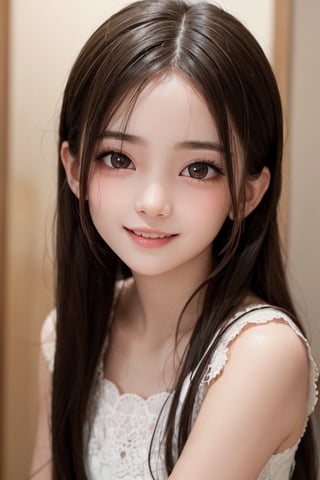 (Very beautiful loli young girl:1.2),
(loli face:1.3),
(large eyes:1.2), (clear-eyed), small straight nose, small mouth, (v-line jaw:1.1), Beautiful detailed eyes, Detailed double eyelids, Long straight brown hair, see-through bangs, beautiful detailed face, drooping eyes, (Fair skin: 1.3),(13 yo:1.2),(smiling)