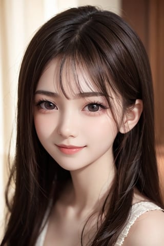 (Very beautiful loli young girl:1.2),
(loli face:1.3),
(large eyes:1.2), (clear-eyed), small straight nose, small mouth, (v-line jaw:1.1), Beautiful detailed eyes, Detailed double eyelids, Long straight brown hair, see-through bangs, beautiful detailed face, drooping eyes, (Fair skin: 1.3),(14 yo:1.2),(smiling)