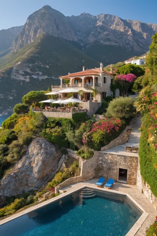 A villa next to a mountain wall, by the sea, with a flower garden, a bar, a small pool