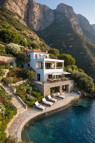 A villa next to a mountain wall, by the sea, with a flower garden, a bar, a small pool