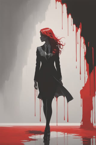 Silhouette of a woman wearing a suit: Stark silhouette, minimalistic rendering, the girl's figure against a dramatic backdrop, dripping red paint, (vivid red hair)