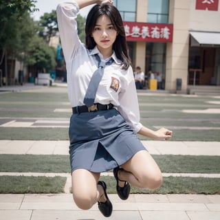 a group photo, full body shot, 1 young Indonesian Chinese man, 5 young girls, jumping pose, hovering on the air, sexy, cewe-sma, wearing luxurious accessories, white long shirt, grey tie, grey long skirt, black belt, china town background, smile, eyes to the camera