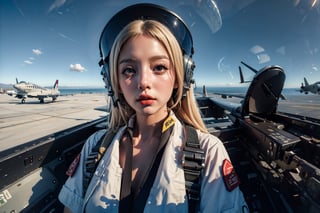 (raw, best quality, masterpiece, 8K), solo, gloves, 1 girl, 22 years old, blonde, fine hair, sky, military, helmet, reality, airplane, battle ship, aircraft, pilot suit, jet, cockpit, pilot , full body view, Wearing sexy astrosuit