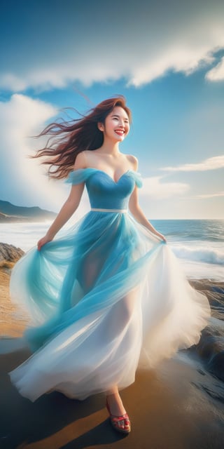 A girl , large breast, (smile:1.4), on the seaside trail, background is  an extreme  ROGUE waves. { Clear BLUE SKY with white clouds }, Her RED TULLE dress is flowing in a whirlwind. Long hair, { barefeet } , dynamic movement, blend of surrealism and realism. sharp focus, { COWBOY  shot}, wide angle, (masterpiece, top quality, best quality, official art, beautiful and aesthetic:1.2), (1girl:1.4), simple background, 16k, high resolution, bokeh,  ,minimalist hologram,style,,taiwan