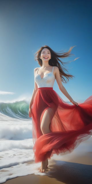 A girl , large breast, (smile:1.4), on the seaside trail, background is  an extreme  ROGUE waves. { Clear BLUE SKY with white clouds }, Her RED TULLE dress is flowing in a whirlwind. Long hair, { barefeet } , dynamic movement, blend of surrealism and realism. sharp focus, { COWBOY  shot}, wide angle, (masterpiece, top quality, best quality, official art, beautiful and aesthetic:1.2), (1girl:1.4), simple background, 16k, high resolution, bokeh,  ,minimalist hologram,style,,taiwan