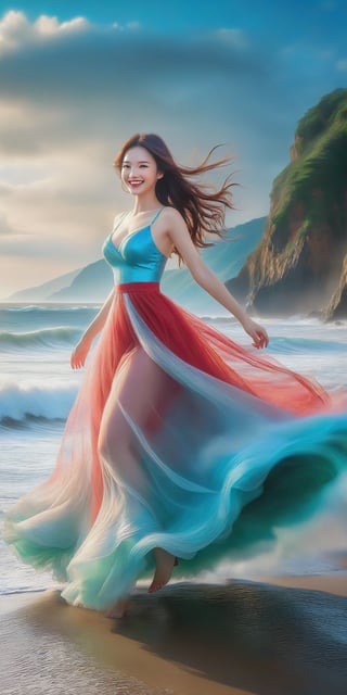 A girl , large breast, (smile:1.4), on the seaside trail, background is  an extreme  ROGUE waves. { Clear BLUE SKY with white clouds }, Her RED TULLE dress is flowing in a whirlwind. Long hair, { barefeet } , dynamic movement, blend of surrealism and realism. sharp focus, { COWBOY  shot}, wide angle, (masterpiece, top quality, best quality, official art, beautiful and aesthetic:1.2), (1girl:1.4), simple background, 16k, high resolution, bokeh,  ,minimalist hologram,style,,taiwan