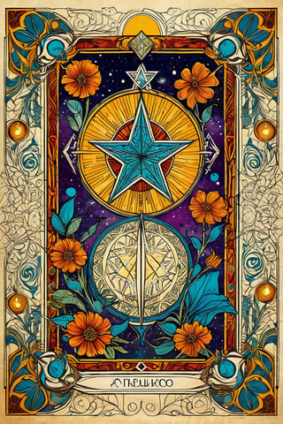 || Tarot card wit art deco frame, an ink drawing, a digital painting of a star and month, decorative flowers ||  pen and ink, liquid ink, best quality, double exposure, vintage triadic colors, realistic artstyle, stylized urban fantasy artwork, stunning digital illustration, stylized urban fantasy artwork, beautiful digital illustration, mysterious and detailed image, in the style of Craola, Dan Mumford, Andy Kehoe, 2d, flat, vintage, cracked paper art, patchwork, detailed storybook illustration, cinematic, ultra highly detailed, mystical, luminism, vibrant colors, complex background,tarot card,comic book,on parchment,aw0k straightsylum, pen and ink, liquid ink, best quality, double exposure, vintage triadic colors, (tarot card:1.2), realistic artstyle, stylized urban fantasy artwork, stunning digital illustration, stylized urban fantasy artwork, beautiful digital illustration, mysterious and detailed image, in the style of Craola, Dan Mumford, Andy Kehoe, 2d, flat, vintage, cracked paper art, patchwork, detailed storybook illustration, cinematic, ultra highly detailed, mystical, luminism, vibrant colors, complex background,tarot card,comic book,on parchment,itacstl