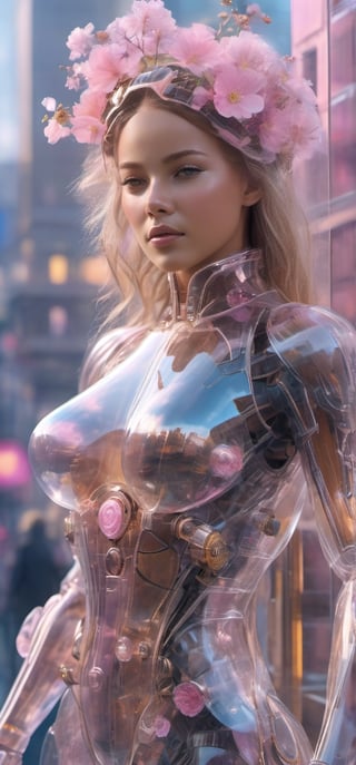 Imagine a beautiful cyborg with a translucent glowing glass body with pink flowers and clockwork completely visible through her translucent glass body walking through a futuristic city, flowy hair,  fantasy, work of beauty and complexity, 8k UHD, hyperdetailed ultrarealistic face, hazel eyes ,cyborg style,  glowing translucent glass, amber glow,steampunk style, glass body, 80mm digital photo , wide_hips,  translucent seethrough glass like body,Leonardo Style