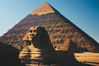 landscape, a pyramid, a sphinx, high quality photo, true colors, 8K resolution, depth of field, analog, wide, film grain