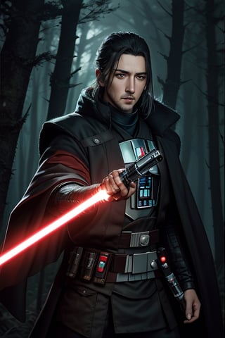 masterpiece, best quality, official art, beautiful and aesthetic), high quality photograph of Darth Revan  from Star wars, action shot, iris, insidestar ship, holding lightsaber, masterpiece, best quality, perfect anatomy., black forest background, glowing eyes and mouth, deep dark forest, VikingAlpha.