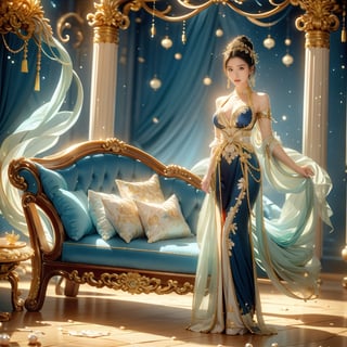 Ceramic material, beige gold tone, a 23-year-old Chinese beauty with an elegant and leisurely face, ((big natural breasts)),standing near a gorgeous single baroque sofa with a blue background and gold edges. Her outfit is predominantly white with navy blue trim and detailed with a detailed peony pattern. Her perfect long legs were exposed, and there was a blue and white porcelain teapot and teacup on the table next to the chair, indicating that this was a tea party. The floor beneath her feet was strewn with pearls and red beads. Directly behind the background is a gold-framed Chinese painting, and ornate interior decoration surrounds the central figure, adding to the luxurious feel of the scene.,lisa 
