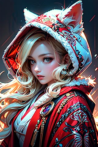 A girl with long blonde hair, with detailed ornate fur hooded kimono, red hooded kimono, miniskirt, fantasypunk. (Cinematic lighting, ethereal light, intricate details, extremely detailed, incredible details, full colored), complex details, hyper maximalist, gorgeous light and shadow, detailed decoration, detailed lines. masterpiece, best quality, HDR, UHD, unreal engine. looking at the camera, fair skin, beautiful face, (beautiful eyes:1.5), perfect eyes, detailed eyes, beautiful nose,rayen dress