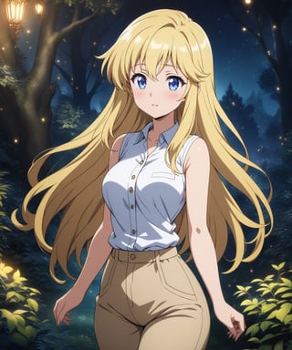 beautiful sexy blonde anime girl with long blonde hair & blue eyes, wearing white sleeveless button up collared shirt & beige khaki pants, in a enchanted forest in a dark night sky, 1girl