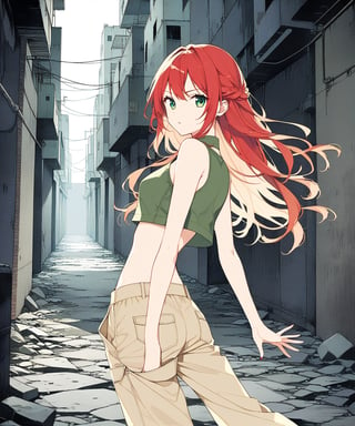 sexy redhead teenage anime girl with long red hair and green eyes, serious facial expression, wearing a dark green sleeveless crop top & beige khaki pants, in a abandoned urban dark alley in a dark night sky, 1girl