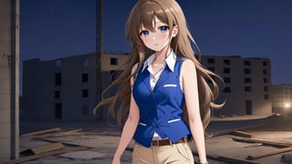 beautiful sexy anime girl with long brown hair, wearing white sleeveless button up collared shirt with a blue vest over it & beige khaki pants, in a abandoned urban construction site at night time, 1girl