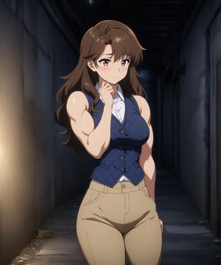 beautiful sexy anime girl with long brown hair & having a muscular body, wearing white sleeveless button up collared shirt with a blue quilted vest over it & beige khaki pants, in a abandoned urban dark alley in a dark night sky, 1girl