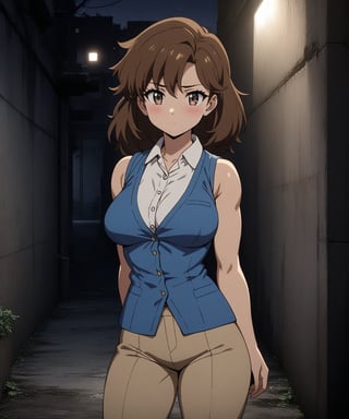 beautiful sexy anime girl with long brown hair & a muscular body, wearing white sleeveless button up collared shirt with a blue vest over it & beige khaki pants, in a abandoned urban dark alley in a dark night sky, 1girl