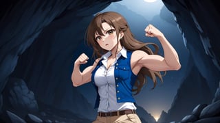 beautiful sexy anime girl with long brown hair & a muscular body, clenching her fists, fight idle pose, wearing white sleeveless button up collared shirt with a blue vest over it & beige khaki pants, inside of a dark cave in a dark night sky, 1girl
