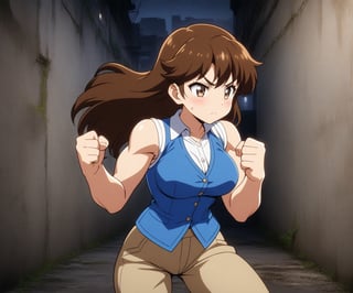 beautiful sexy anime girl with long brown hair & a muscular body, clenching her fists, fight idle pose, wearing white sleeveless button up collared shirt with a blue vest over it & beige khaki pants, in a abandoned urban dark alley in a dark night sky, 1girl
