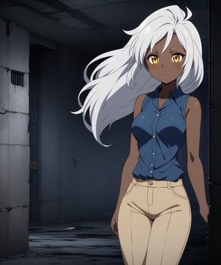 Brown skin beautiful sexy anime girl with long silver hair & yellow eyes, wearing blue sleeveless button up collared shirt & beige khaki pants, inside of a abandoned biomechanical prison in a dark night sky, 1girl, dystopian