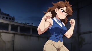  beautiful sexy anime girl with long brown hair & a muscular body, clenching her fists, fight idle pose, wearing white sleeveless button up collared shirt with a blue vest over it & beige khaki pants, in a abandoned urban construction site at night time, 1girl