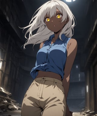 Brown skin beautiful sexy anime girl with long silver hair & yellow eyes, wearing blue sleeveless button up collared shirt & beige khaki pants, inside of a abandoned biomechanical prison in a dark night sky, 1girl, dystopian