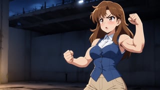  beautiful sexy anime girl with long brown hair & a muscular body, clenching her fists, fight idle pose, wearing white sleeveless button up collared shirt with a blue vest over it & beige khaki pants, in a abandoned urban construction site at night time, 1girl