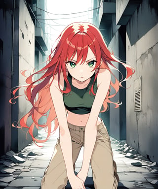 sexy redhead teenage anime girl with long red hair and green eyes, serious facial expression, wearing a dark green sleeveless crop top & beige khaki pants, in a abandoned urban dark alley in a dark night sky, 1girl