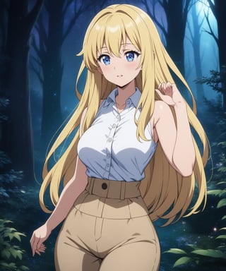 beautiful sexy blonde anime girl with long blonde hair & blue eyes, wearing white sleeveless button up collared shirt & beige khaki pants, in a enchanted forest in a dark night sky, 1girl