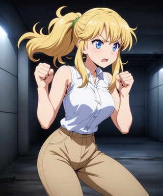 beautiful sexy blonde anime girl with long blonde hair & blue eyes, clenching her fists, fight idle pose, wearing white sleeveless button up collared shirt & beige khaki pants, inside of a abandoned parking garage at night time, 1girl