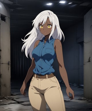 Brown skin beautiful sexy anime girl with long silver hair & yellow eyes, wearing blue sleeveless button up collared shirt & beige khaki pants, inside of a abandoned biomechanical prison in a dark night sky, 1girl, dystopian