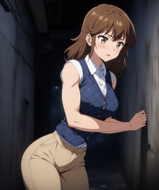 beautiful sexy anime girl with long brown hair & having a muscular body, wearing white sleeveless button up collared shirt with a blue quilted vest over it & beige khaki pants, in a abandoned urban dark alley in a dark night sky, 1girl